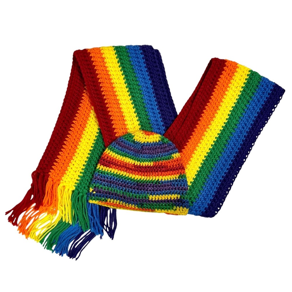 Hand Knit Crochet Rainbow Scarf & Beanie Set Chunky Extra Long Fringe Pride Cozy